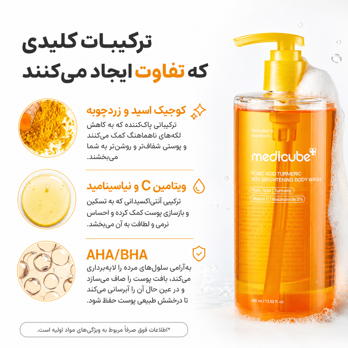 شوینده بدن روشن کننده زردچوبه و کوجیک اسید مدی کیوب